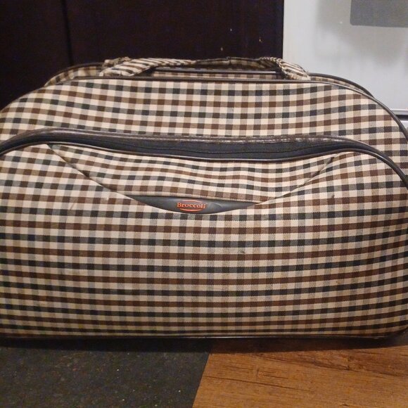 Broccoli Unisex Brown Tan Gingham Check Rolling Travel Duffel Bag - Picture 3 of 11